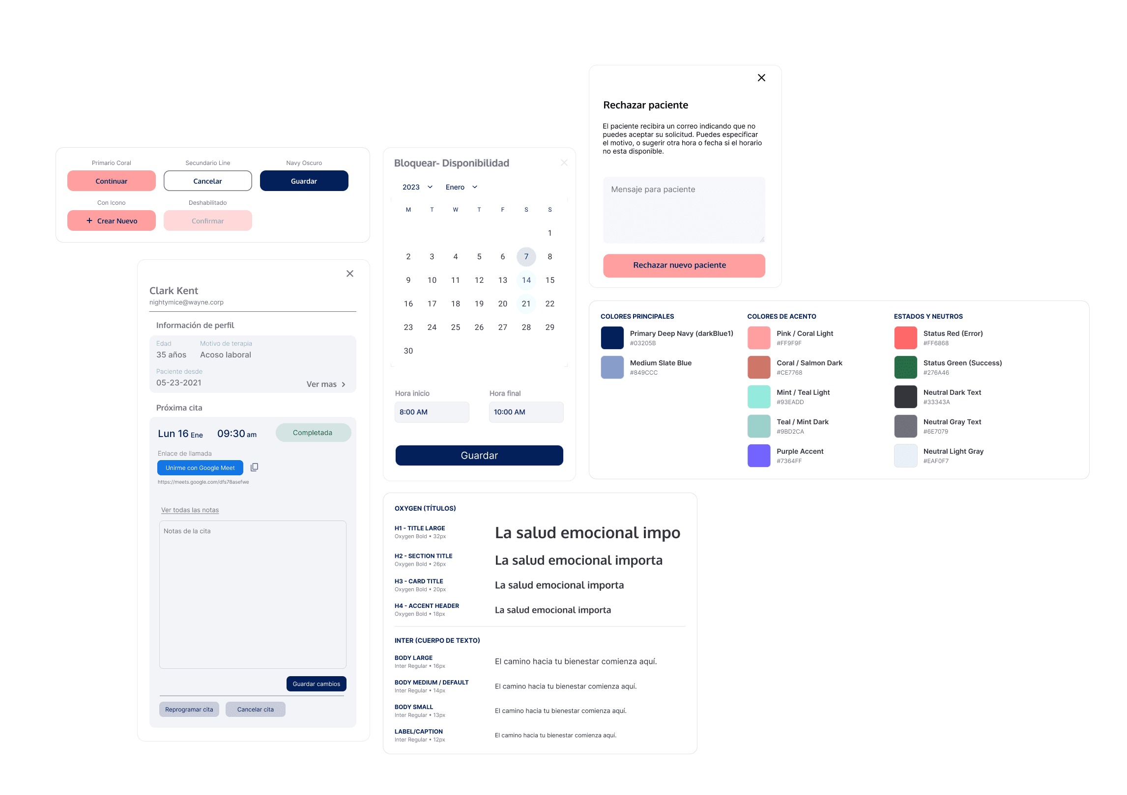 continualatam interface system showing buttons, calendar patterns, patient cards, typography, and the complete product color palette