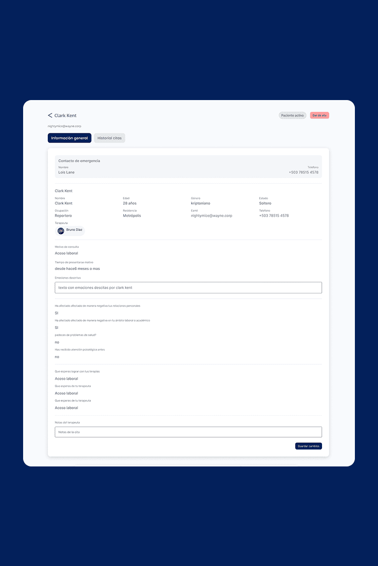 Detailed patient record in the continualatam psychologist workspace