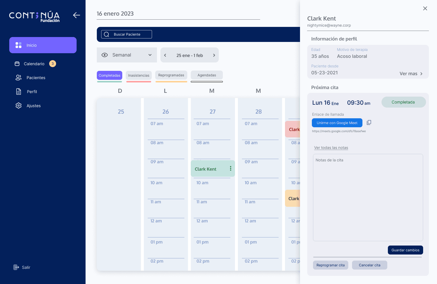 Continua therapist calendar showing weekly appointments and a patient session detail panel